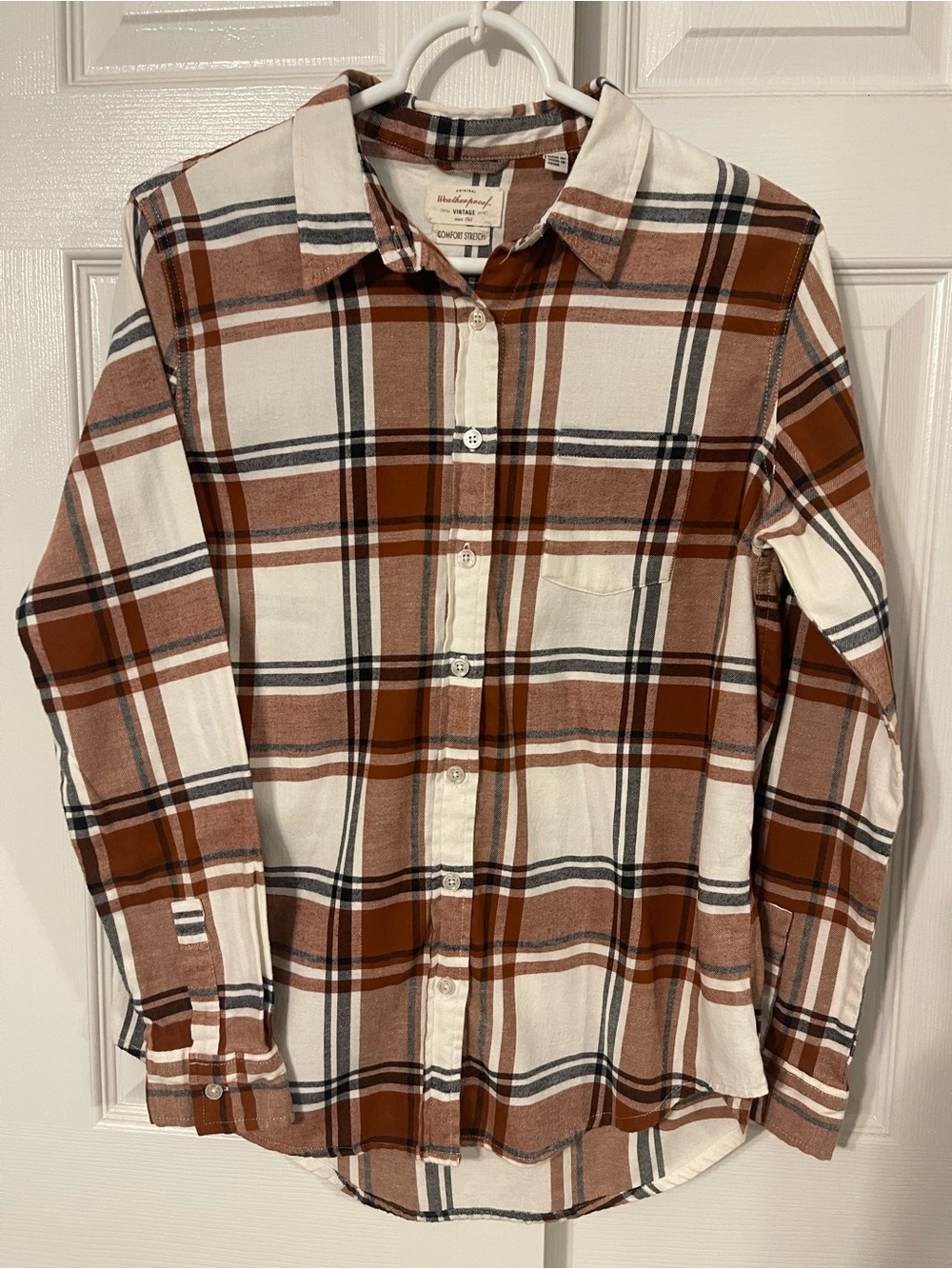 Weatherproof Plaid Button-Down Shirt in Brown and Cream